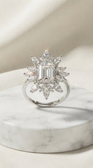 Radiant Snowflake Statement Ring for Women | Emerald-Cut Crystal Halo Ring | Silver Finish Adjustable Ring