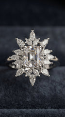 Radiant Snowflake Statement Ring for Women | Emerald-Cut Crystal Halo Ring | Silver Finish Adjustable Ring