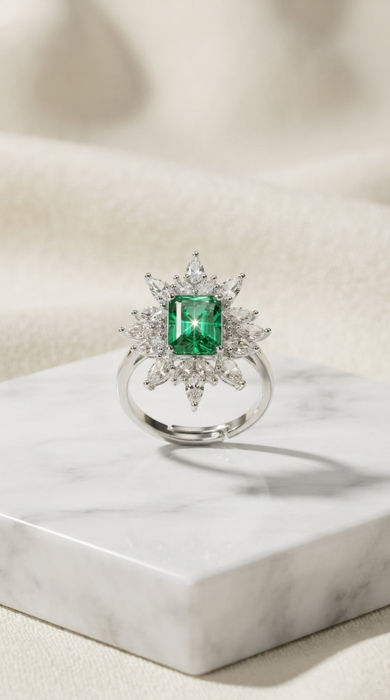 Emerald Bloom Statement Ring for Women | Emerald-Cut Crystal Floral Halo Ring | Silver Finish Adjustable Ring