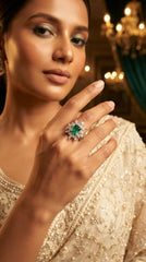 Emerald Bloom Statement Ring for Women | Emerald-Cut Crystal Floral Halo Ring | Silver Finish Adjustable Ring