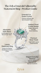 Emerald Bloom Statement Ring for Women | Emerald-Cut Crystal Floral Halo Ring | Silver Finish Adjustable Ring