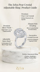 Zelya Pear Halo Statement Ring for Women | Pear-Cut Crystal Adjustable Ring | Silver Finish Cocktail Ring