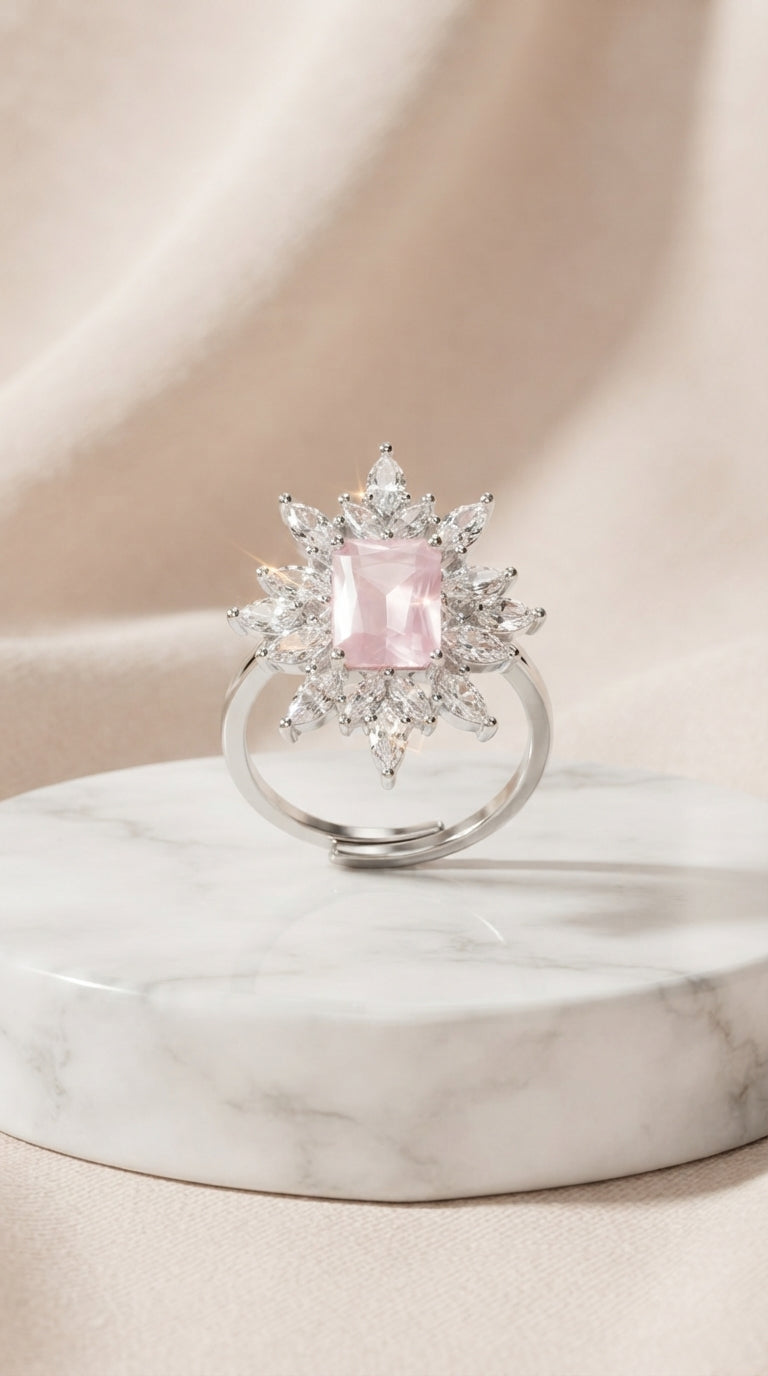 Blush Pink Floral Statement Ring for Women | Adjustable Crystal Cocktail Ring | Silver Finish Luxury Ring