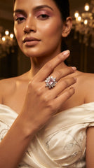 Blush Pink Floral Statement Ring for Women | Adjustable Crystal Cocktail Ring | Silver Finish Luxury Ring