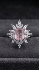 Blush Pink Floral Statement Ring for Women | Adjustable Crystal Cocktail Ring | Silver Finish Luxury Ring