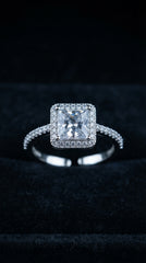 Princess Cut Crystal Adjustable Ring for Women | Silver Finish Halo Statement Ring | Luxury Party Ring
