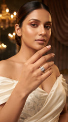Princess Cut Crystal Adjustable Ring for Women | Silver Finish Halo Statement Ring | Luxury Party Ring
