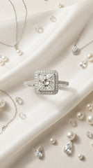 Princess Cut Crystal Adjustable Ring for Women | Silver Finish Halo Statement Ring | Luxury Party Ring