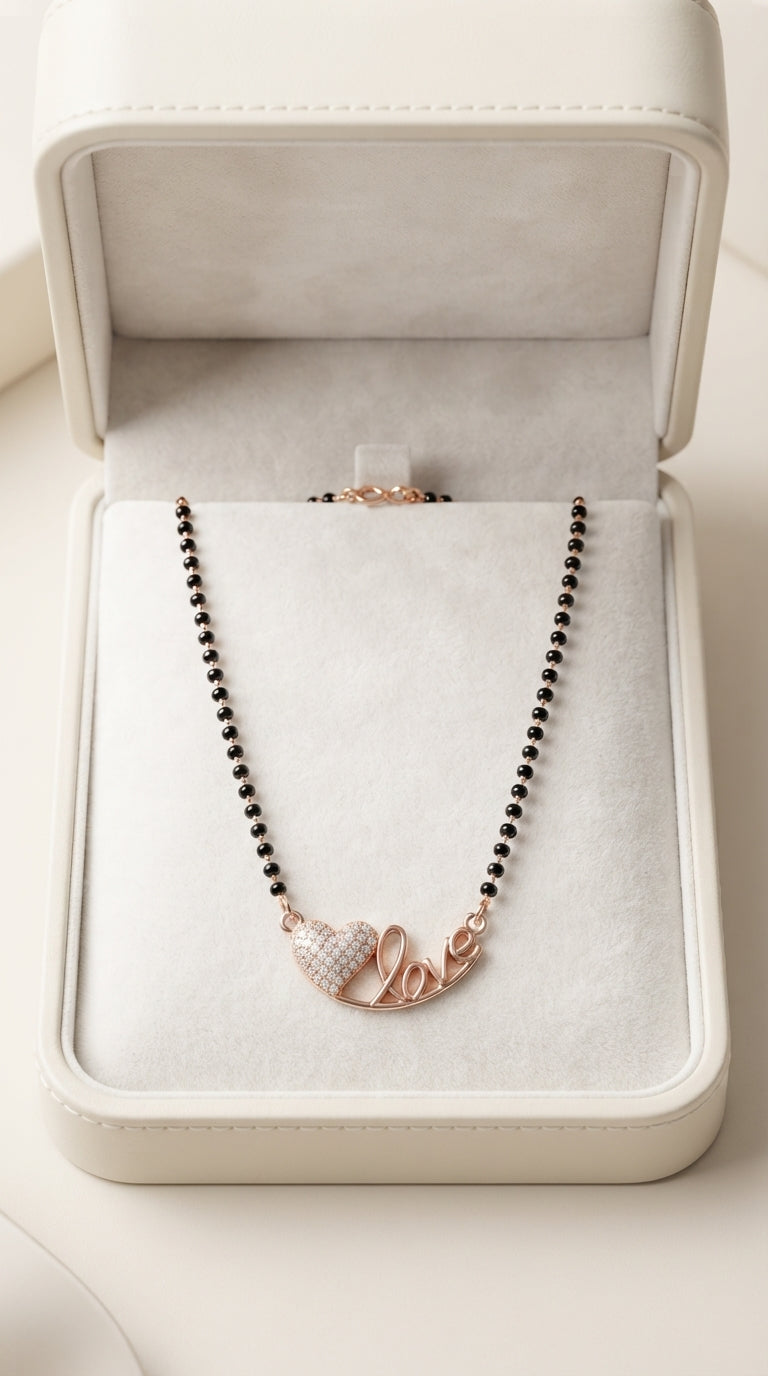 Love Heart Rose Gold Mangalsutra for Women | CZ Diamond Pendant Black Bead Necklace