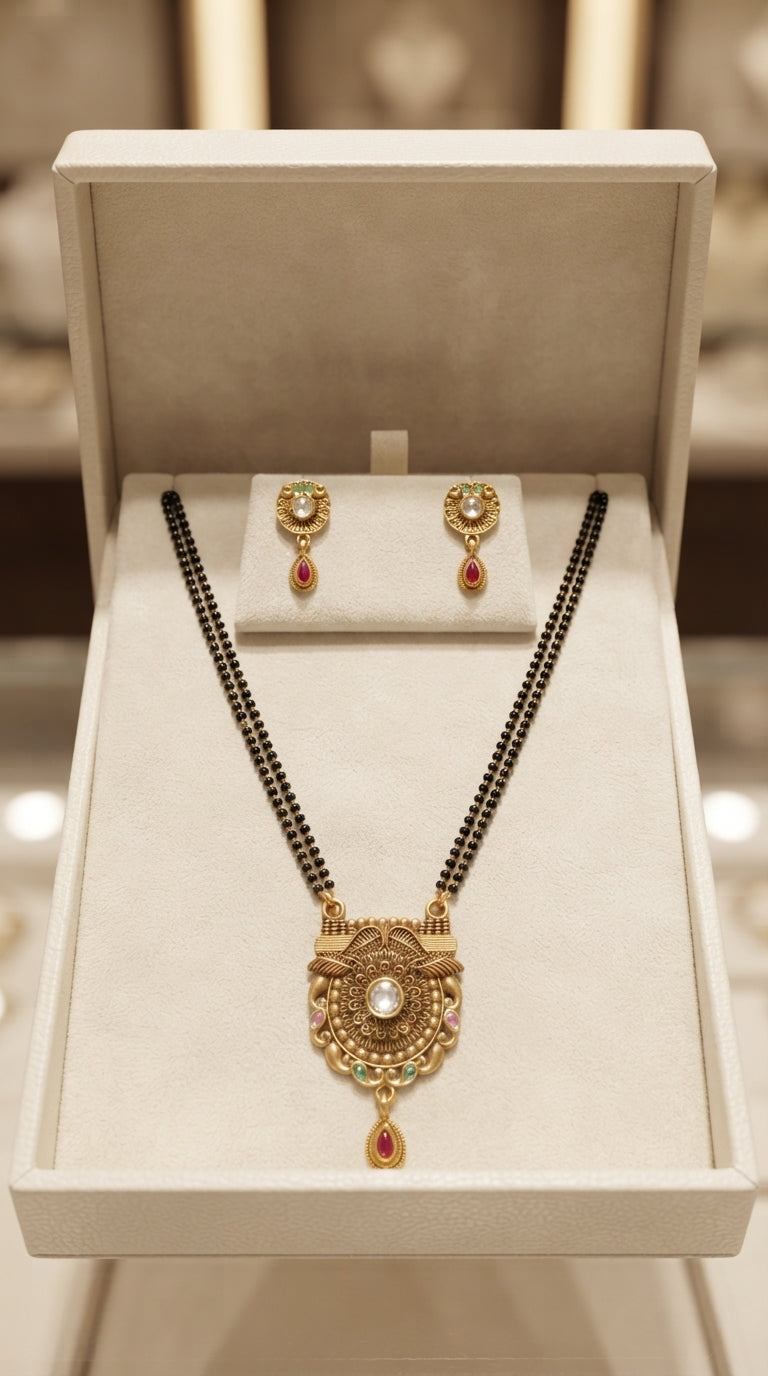 Royal Heritage Mangalsutra & Earrings Set for Women | Traditional Temple Design Gold Pendant with Matching Stud Earrings