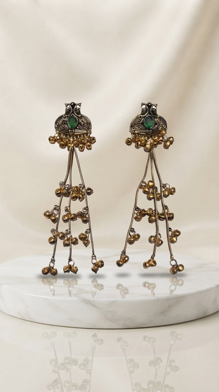 Kashmiri Peacock Tassel Earrings for Women | Antique Dual-Tone Earrings with Emerald Green Stone & Ghungroo Tassels | Ethnic Statement Earrings