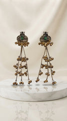 Kashmiri Peacock Tassel Earrings for Women | Antique Dual-Tone Earrings with Emerald Green Stone & Ghungroo Tassels | Ethnic Statement Earrings