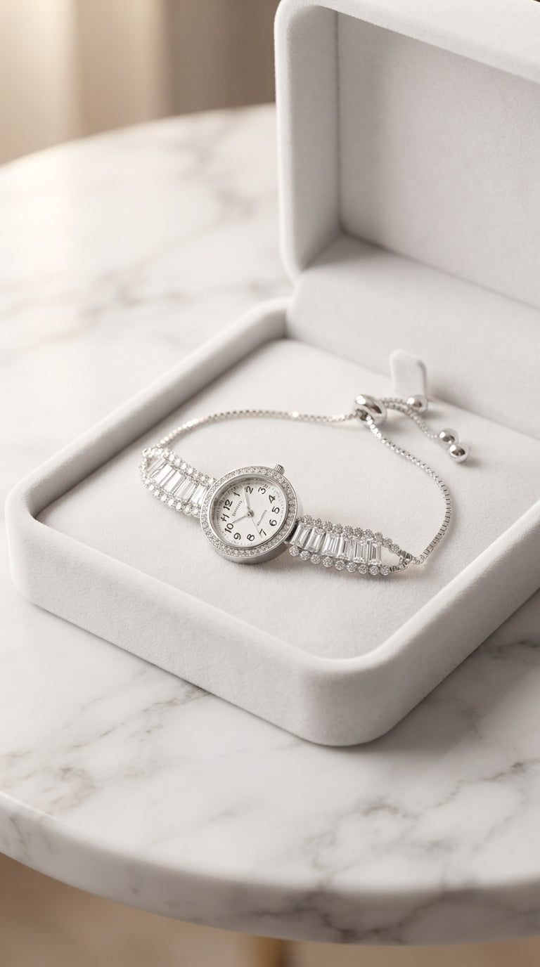 Zelya Crystal Adjustable Watch Bracelet for Women | Silver Luxury Bracelet Watch