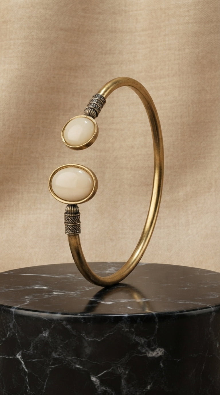 Antique Dual Stone Adjustable Cuff Bracelet for Women | Vintage Brass Open Bangle | Ivory Stone Ethnic Bracelet