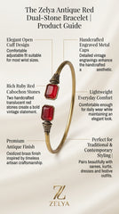 Antique Red Dual Stone Adjustable Cuff Bracelet for Women | Vintage Brass Open Bangle | Ruby Red Stone Bracelet