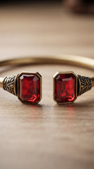 Antique Red Dual Stone Adjustable Cuff Bracelet for Women | Vintage Brass Open Bangle | Ruby Red Stone Bracelet
