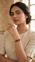 Antique Red Dual Stone Adjustable Cuff Bracelet for Women | Vintage Brass Open Bangle | Ruby Red Stone Bracelet