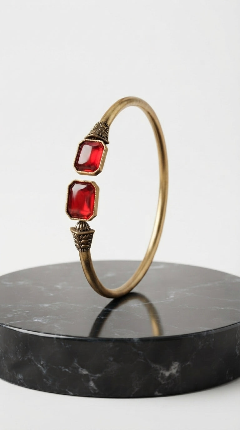 Antique Red Dual Stone Adjustable Cuff Bracelet for Women | Vintage Brass Open Bangle | Ruby Red Stone Bracelet