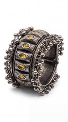 Amber Stone Oxidised Ghungroo Cuff Bracelet