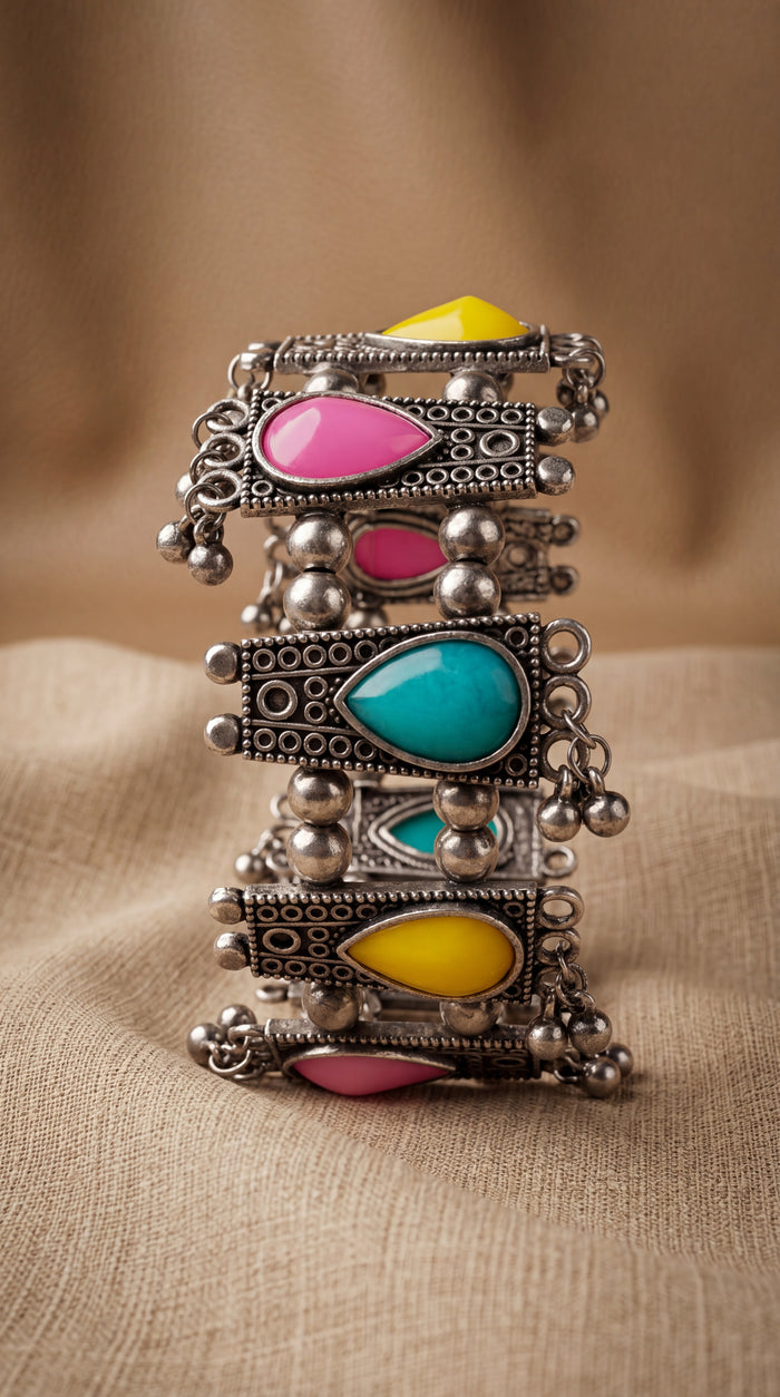 Boho Multicolor Stone Oxidised Statement Bracelet
