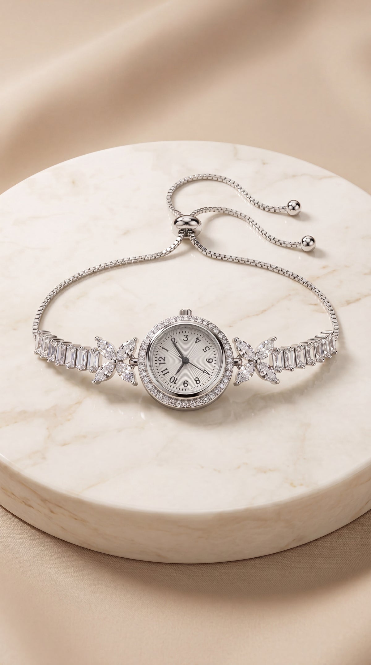 Zelya Crystal Adjustable Watch Bracelet for Women | Silver Luxury Bracelet Watch