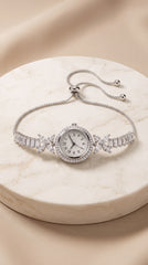 Zelya Crystal Adjustable Watch Bracelet for Women | Silver Luxury Bracelet Watch