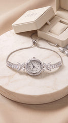 Zelya Crystal Adjustable Watch Bracelet for Women | Silver Luxury Bracelet Watch