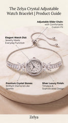 Zelya Crystal Adjustable Watch Bracelet for Women | Silver Luxury Bracelet Watch