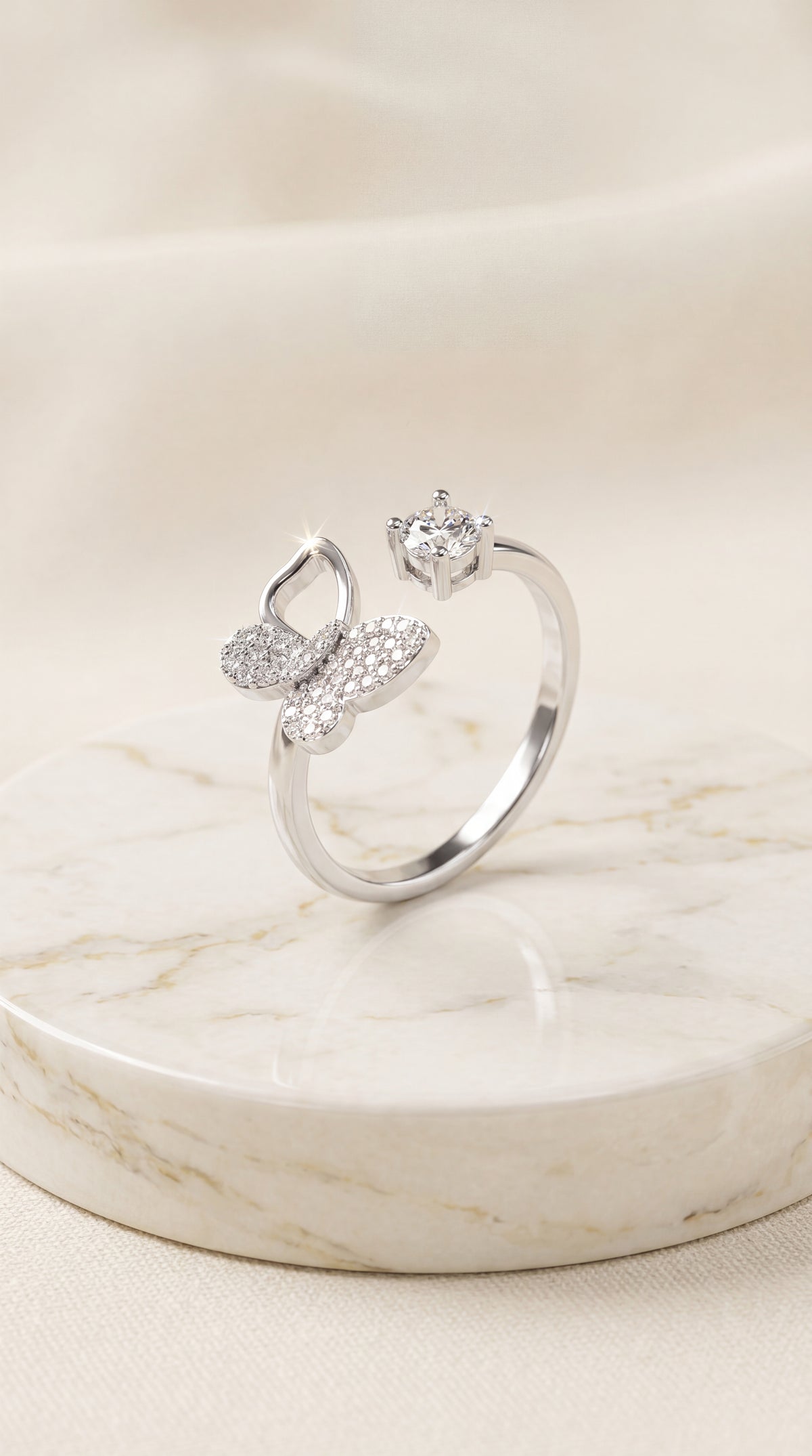 Zelya Crystal Butterfly Adjustable Ring for Women | Silver Zircon Statement Ring