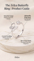Zelya Crystal Butterfly Adjustable Ring for Women | Silver Zircon Statement Ring