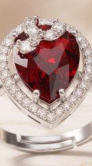 Zelya Ruby Heart Crystal Adjustable Ring for Women | Silver Halo Statement Ring