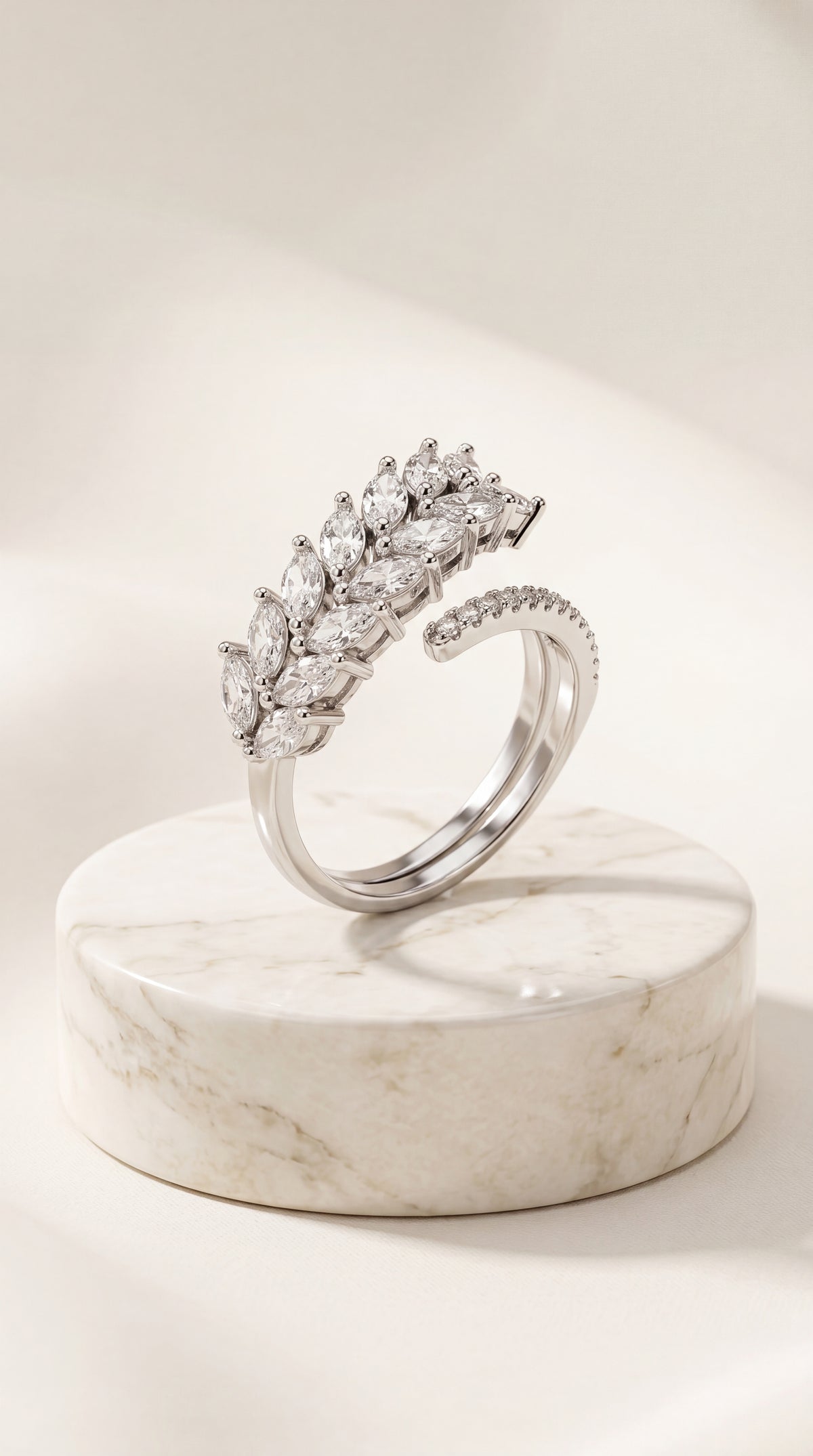 Zelya Crystal Laurel Adjustable Ring for Women | Silver Leaf Zircon Ring
