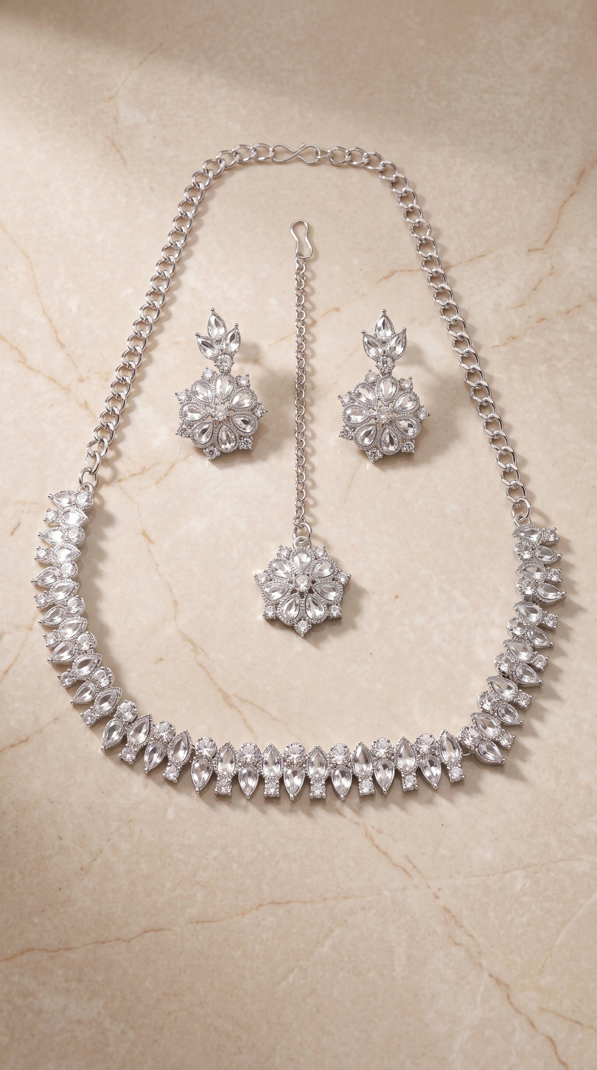 Zelya Silver Crystal Floral Necklace Set with Earrings & Maang Tikka for Women
