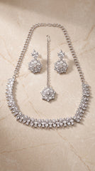 Zelya Silver Crystal Floral Necklace Set with Earrings & Maang Tikka for Women