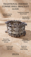 Zelya Traditional Oxidised Cowrie Shell Cuff Bracelet for Women | Tribal Boho Statement Bracelet