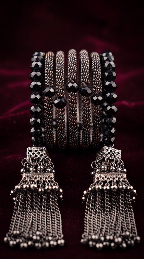 Zelya Black Crystal Multi-Layer Bracelet with Tassel Earrings Set for Women | Boho Statement Jewelry