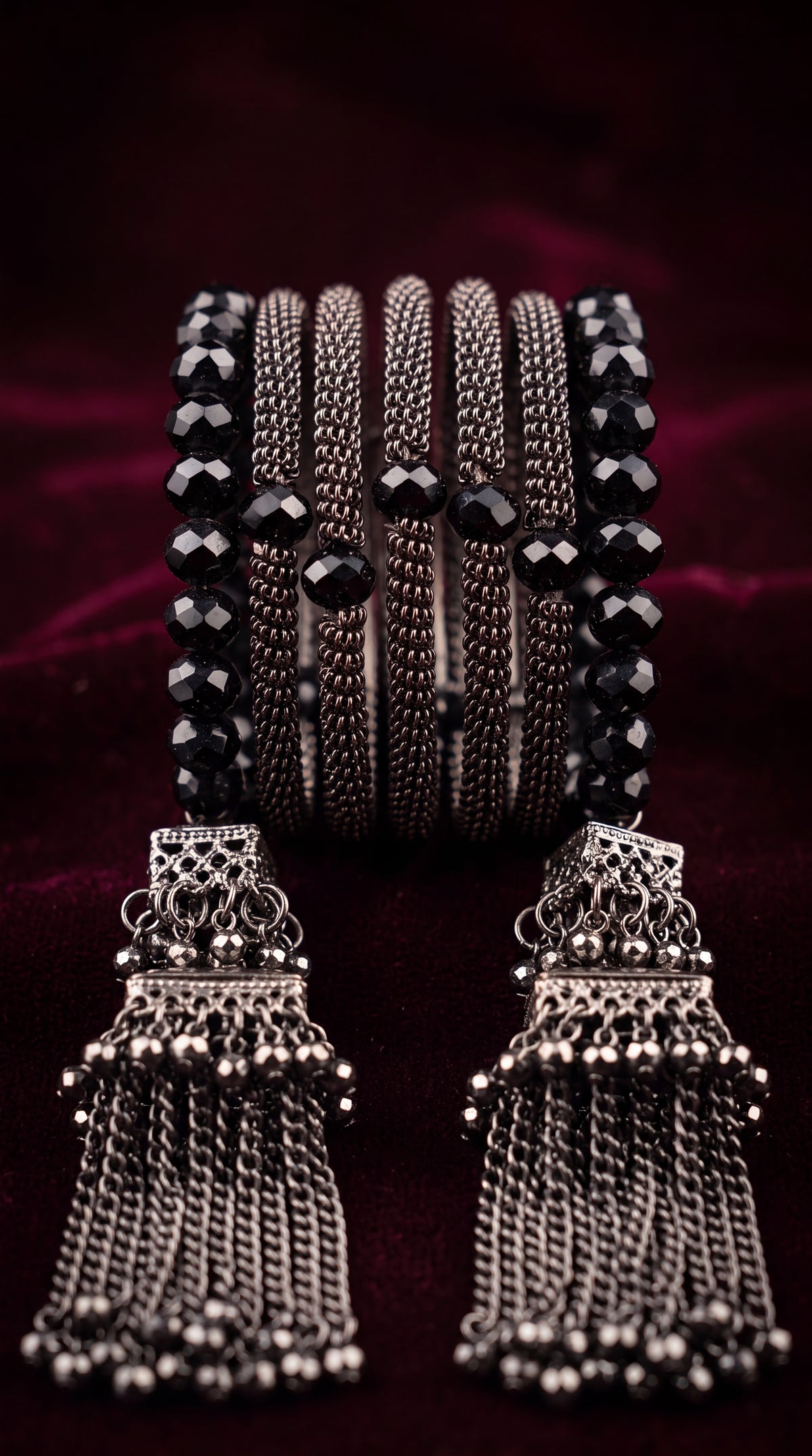 Zelya Black Crystal Multi-Layer Bracelet with Tassel Earrings Set for Women | Boho Statement Jewelry