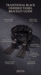 Zelya Black Crystal Multi-Layer Bracelet with Tassel Earrings Set for Women | Boho Statement Jewelry