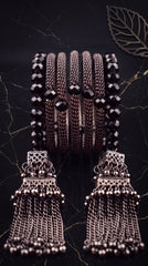 Zelya Black Crystal Multi-Layer Bracelet with Tassel Earrings Set for Women | Boho Statement Jewelry