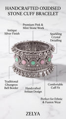 Zelya Premium Oxidised Pastel Stone Bracelet for Women | Handcrafted Ghungroo Ethnic Cuff Bracelet