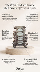 Zelya Premium Oxidised Cowrie Shell Bracelet for Women | Handmade Ghungroo Ethnic Cuff Bracelet