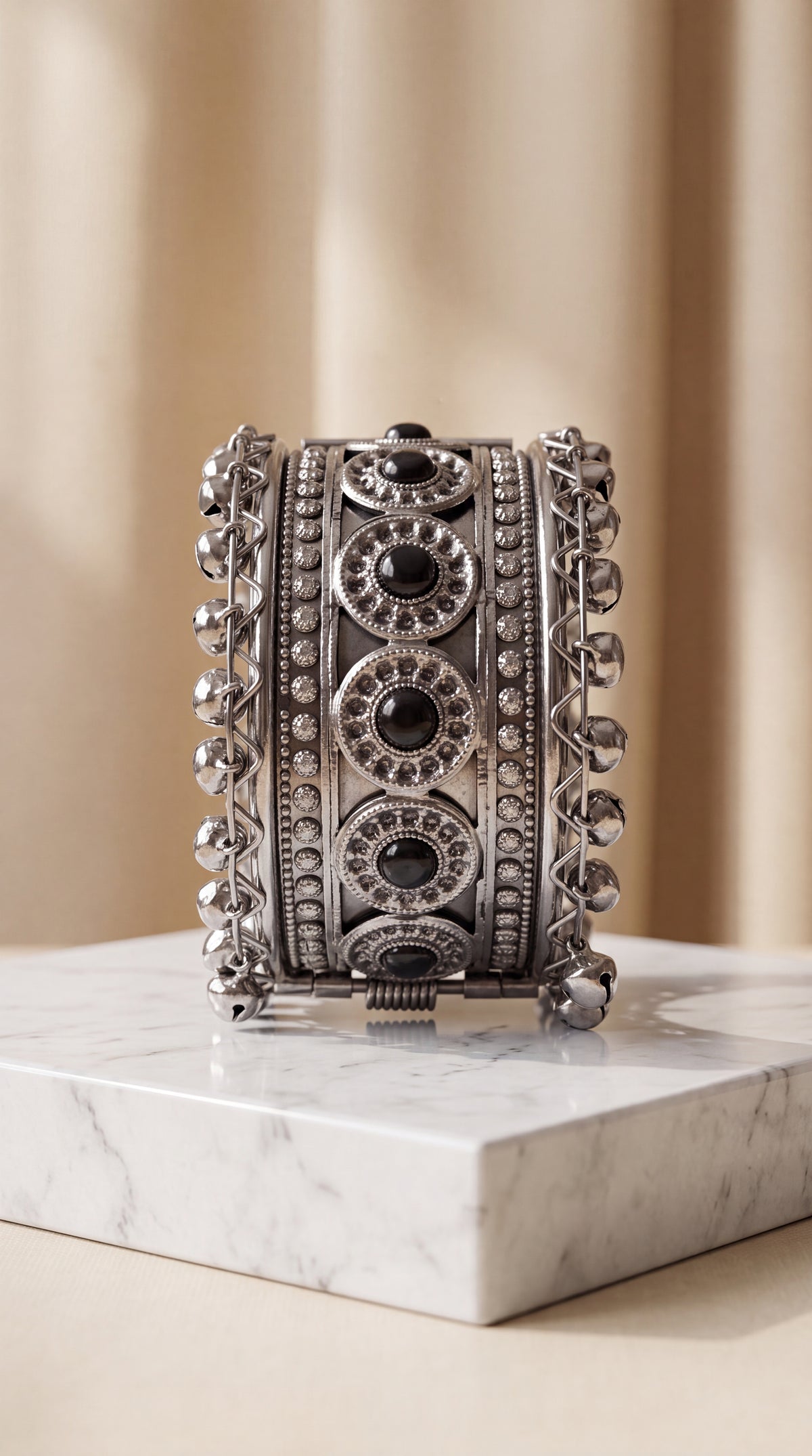 Zelya Premium Oxidised Black Stone Cuff Bracelet for Women | Traditional Ghungroo Ethnic Kada