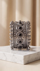 Zelya Premium Oxidised Black Stone Cuff Bracelet for Women | Traditional Ghungroo Ethnic Kada