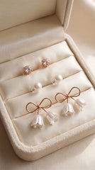 Zelya Elegant 3 Pair Earrings Gift Set for Women | Crystal Studs, Pearl Studs & Rose Gold Tulip Earrings