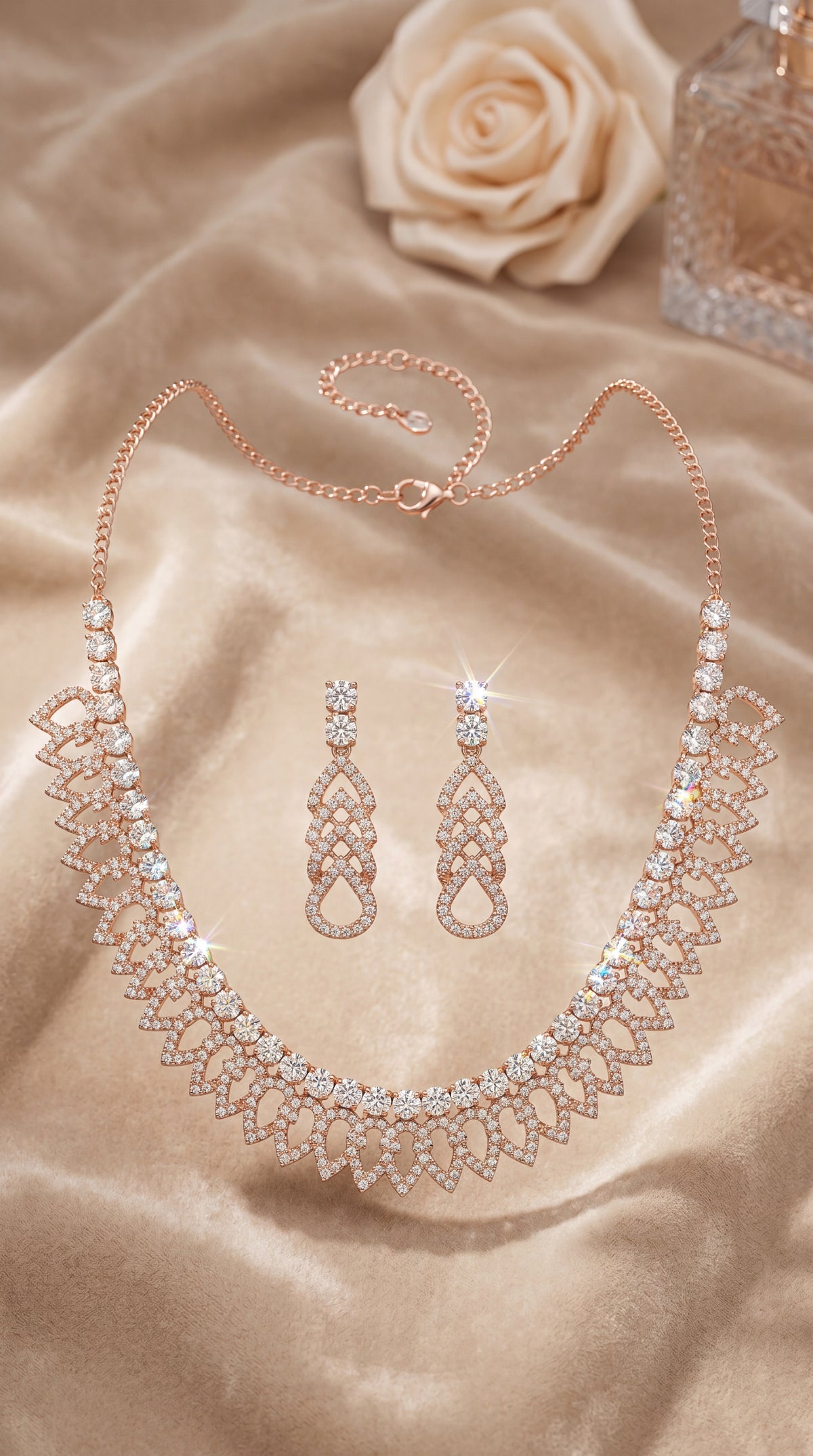 Rose Gold Crystal Necklace Set with Earrings
