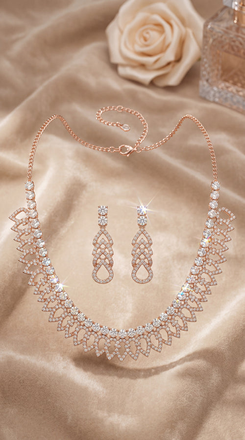 Rose Gold Crystal Necklace Set with Earrings