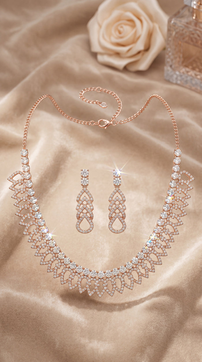 Rose Gold Crystal Necklace Set with Earrings