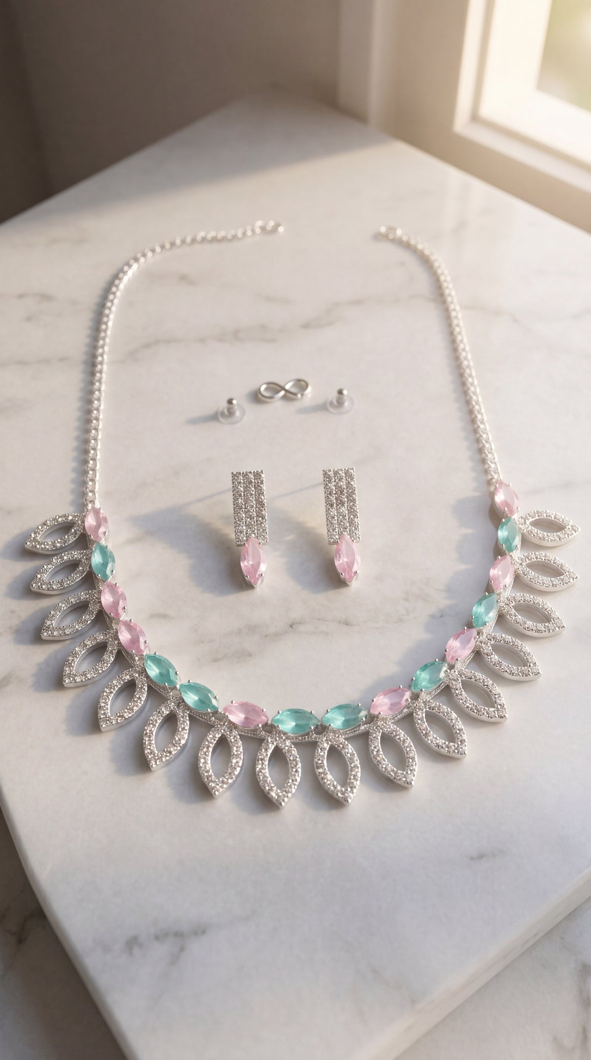 Pastel Leaf Crystal Necklace Set with Earrings