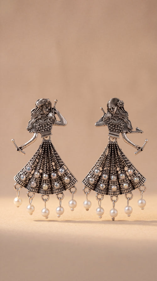 Oxidized Chandbali Jhumka Earrings with Pearl Drops – Antique German Silver