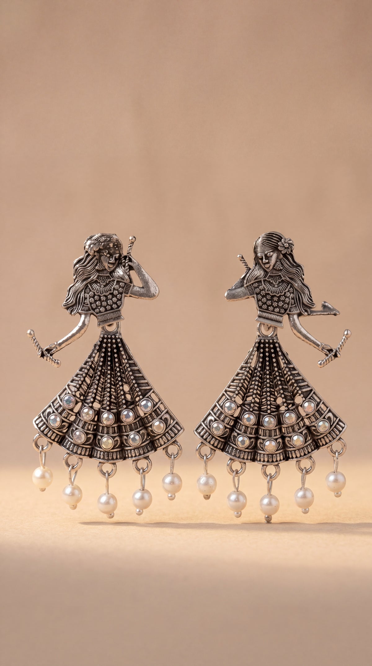 Oxidized Chandbali Jhumka Earrings with Pearl Drops – Antique German Silver